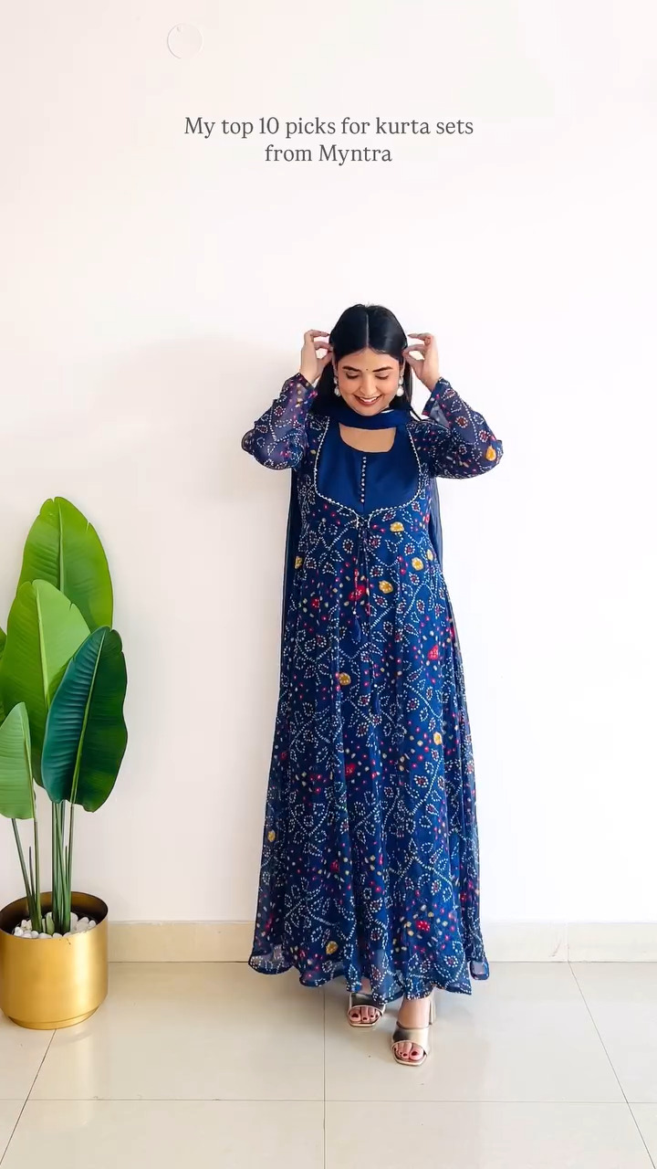 Navy Blue Printed Layered Anarkali Kurta Set with Dupatta